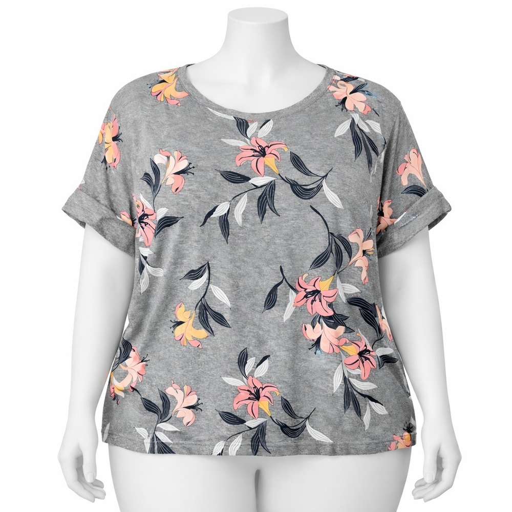 Floral Tee Shirt Women 2X Gray Pink Cotton Short Sleeve Casual Soft Top